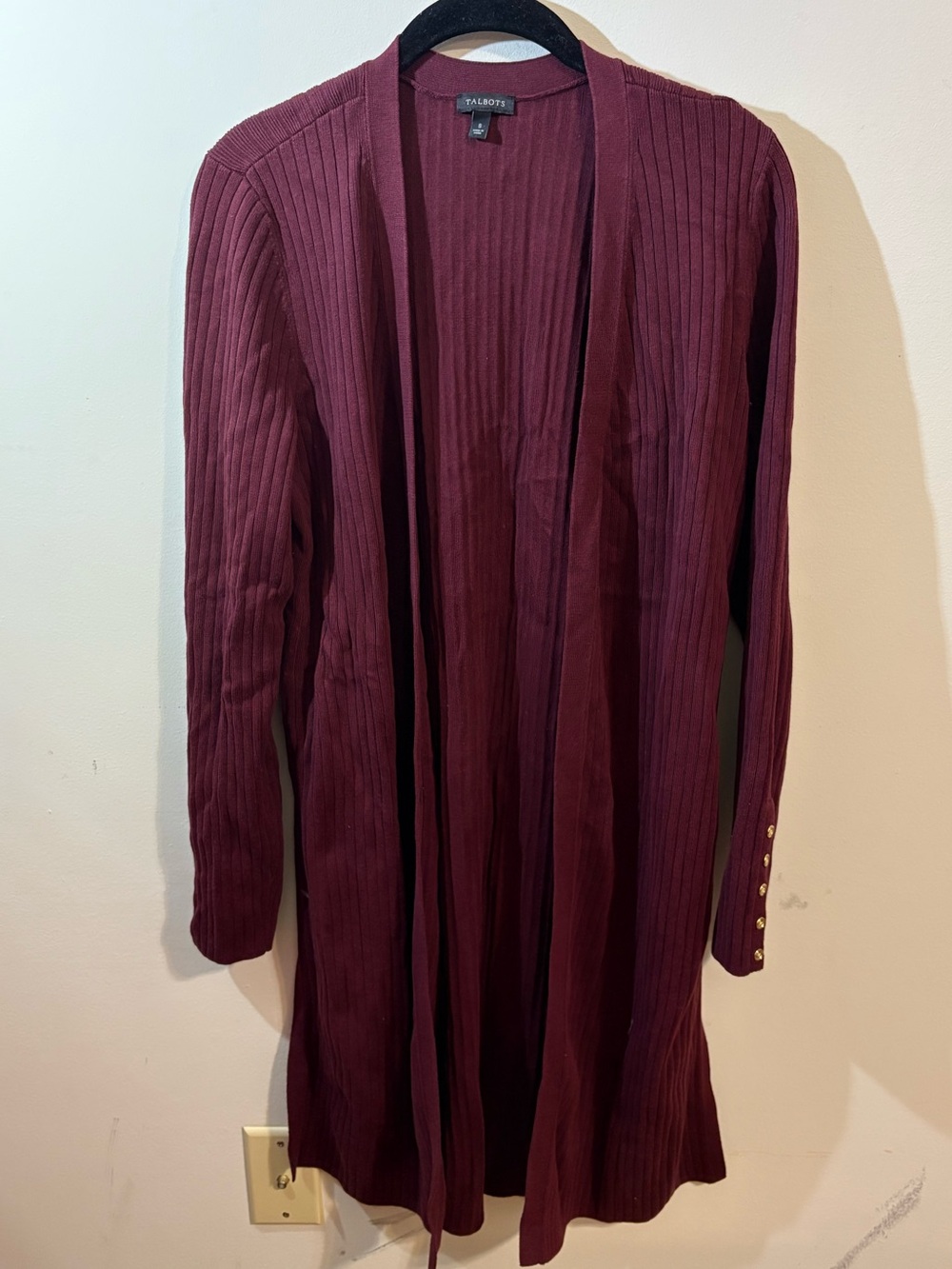 Talbots Burgundy Ribbed Open-Front Cardigan gold buttons on sleeve women’s small